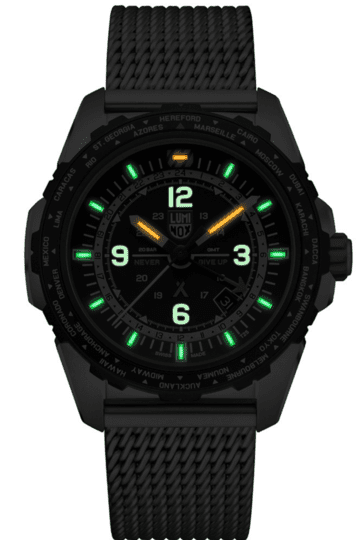 Luminox Bear Grylls Survival AIR Series 3762 GMT Watch Front Side Closed Center Night