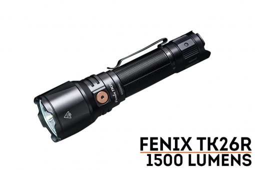 Fenix TK26R Tactical Flashlight - 1500 Lumens Front Side Angled With Title
