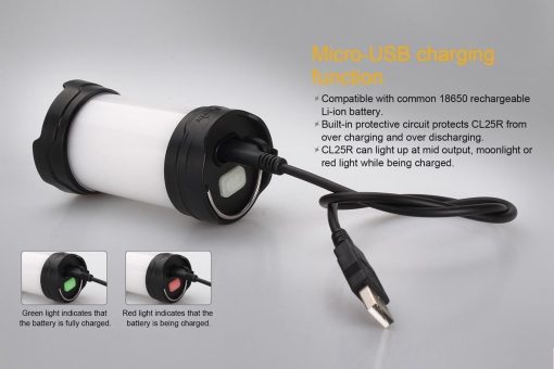 Fenix CL25R Black LED Rechargeable Lantern - 350 Lumens Infographic USB Charging