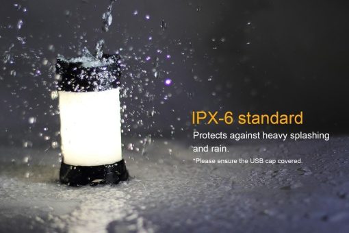 Fenix CL25R Black LED Rechargeable Lantern - 350 Lumens Infographic IPX-6 Rating
