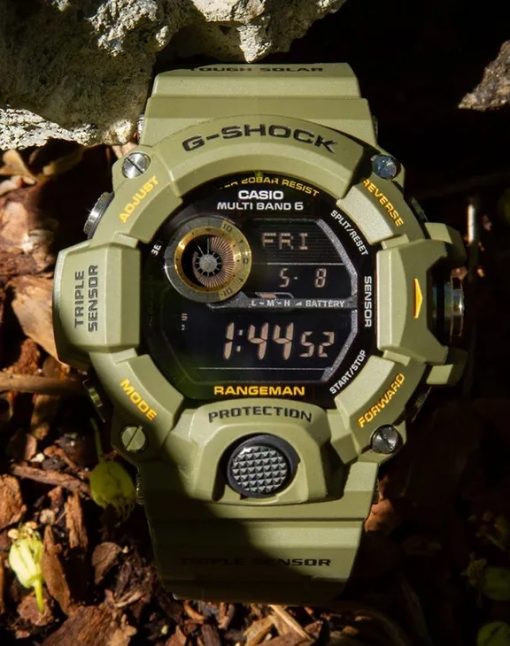 G-Shock Master of G RANGEMAN OD Green GW9400-3 Front Side Closed Center With Background