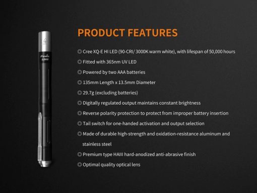 Fenix LD05 V2.0 EDC LED Flashlight with UV Lighting - 100 Lumens Infographic 16