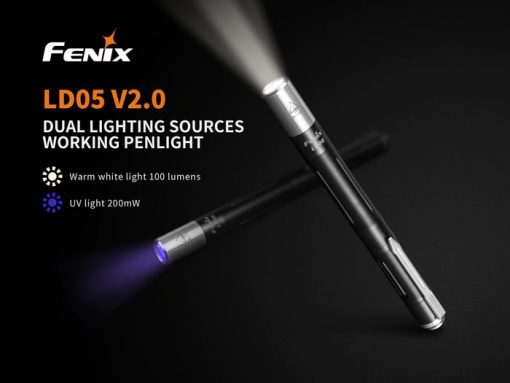 Fenix LD05 V2.0 EDC LED Flashlight with UV Lighting - 100 Lumens Infographic 2