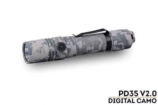 Fenix PD35 V2.0 Digital Camo Edition Tactical Flashlight - 1000 Lumens Front Side Angled With Title