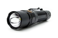 Fenix PD36R Flashlight - 1600 Lumens Infographic Front Side Lens Close Up