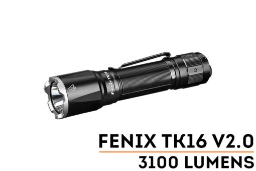 Fenix TK16 V2.0 Tactical Flashlight - 3100 Lumens Front Side Angled With Title