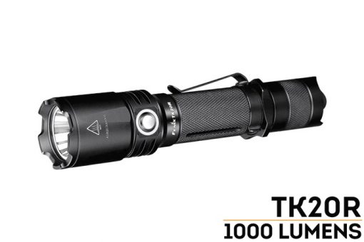 Fenix TK20R Rechargeable LED Tactical Flashlight - 1000 Lumens Front Side Angled With Title