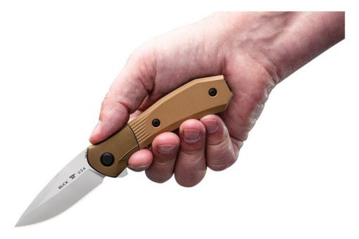 Buck Knives Paradigm Auto Assist S35VN Drop Point Blade - Brown G-10 Handle Front Side Open With Hand