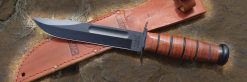 Ka-Bar USMC Fighting Knife 1095 Blade Brown Leather Handle Front Side Horizontal With Sheath OUtside