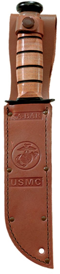 Ka-Bar USMC Fighting Knife 1095 Blade Brown Leather Handle Sheath