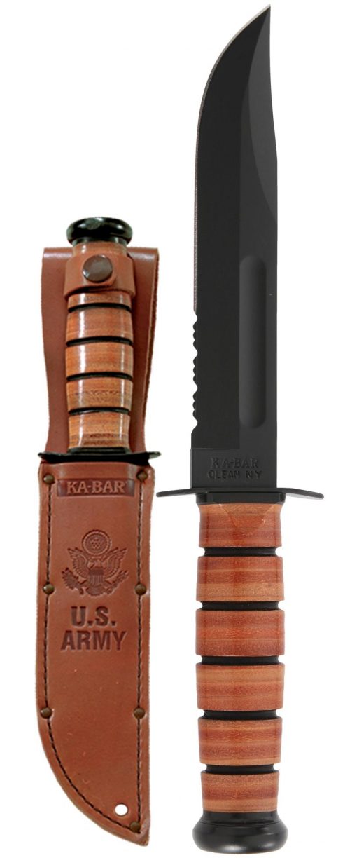 Ka-Bar U.S. Army Fighting Knife 1095 Combo Blade Brown Leather Handle Front Side With Sheath