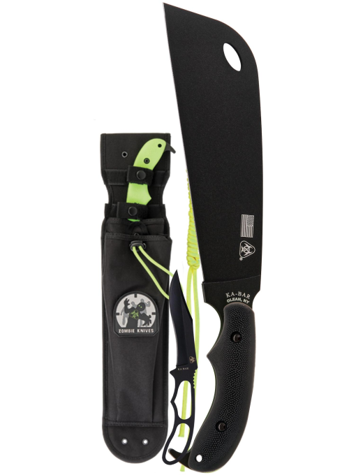 Ka-Bar Zomstro Knife1095 Blade Zombie Green GFN-PA66 Handle Front Side Vertical With Sheath
