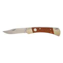 Buck Knives 110 Folding Hunter Auto 420HC Clip Point Blade Walnut Handle with Brass Bolster and Pommel Front Side Open