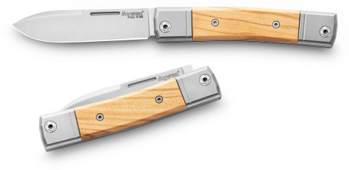 a couple of LionSteel BestMan M390 Blade Olive Wood Handle knives sitting next to each other.