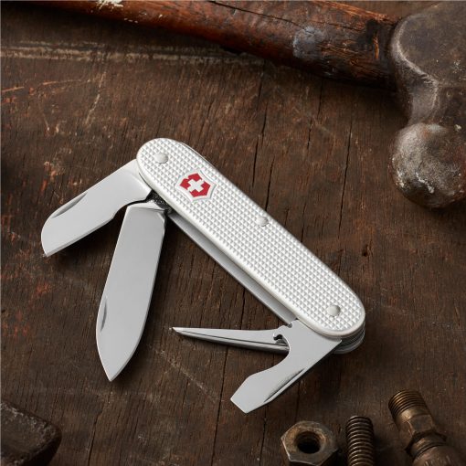 Victorinox Electrician Pocket Knife Silver Alox Front Side All Open On Ground