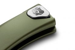 LionSteel Thrill Aluminum M390 Blade Green Aluminum Handle SlipJoint Knife Clip Button Close Up