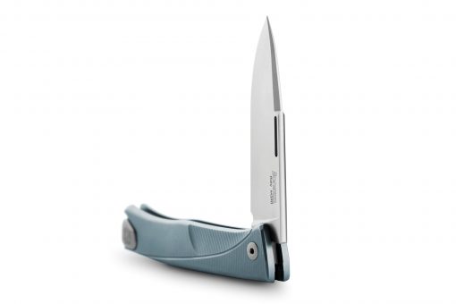 LionSteel Thrill Titanium M390 Blade Blue Titanium Handle SlipJoint Knife Front Side Open Angled