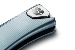 LionSteel Thrill Titanium M390 Blade Blue Titanium Handle SlipJoint Knife Clip Button Close Up