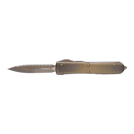 Microtech Ultratech OTF Automatic Knife Bronze Apocalyptic D/E Fully Serrated Blade Black Aluminum Handle Front Side Open