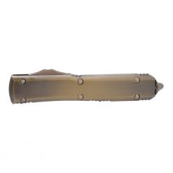 Microtech Ultratech OTF Automatic Knife Bronze Apocalyptic D/E Fully Serrated Blade Black Aluminum Handle Front Side Closed