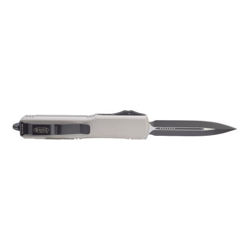Microtech Ultratech OTF Automatic Knife D/E Black Blade Titanium Grey Handle Back Side Open