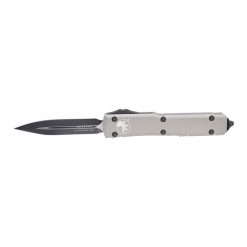 Microtech Ultratech OTF Automatic Knife D/E Black Blade Titanium Grey Handle Front Side Open
