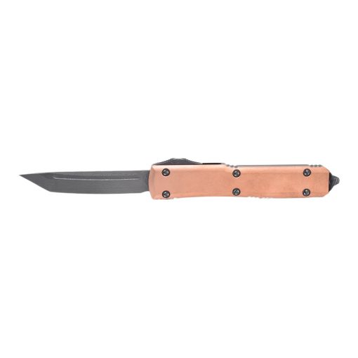 Microtech Ultratech T/E Damascus Blade OTF Copper/Black Handle Front Side Open