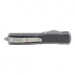 Microtech UTX-70 OTF Automatic Knife S/E Stonewashed Blade Black Distressed Aluminum Handle Back Side Closed