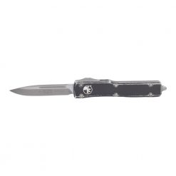 Microtech UTX-70 OTF Automatic Knife S/E Stonewashed Blade Black Distressed Aluminum Handle Front Side Open
