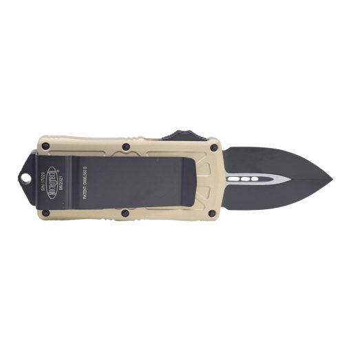 Microtech Exocet Black D/E CA Legal OTF Automatic Champagne Gold Handle Back Side Open