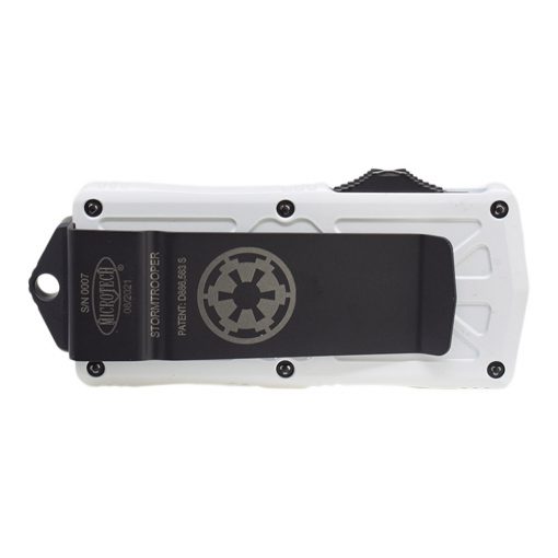 Microtech Exocet Stormtrooper White D/E CA Legal OTF Automatic White Handle Back Side Closed