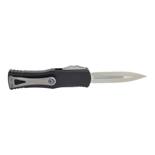 Microtech Hera OTF Automatic Knife D/E Stonewash Blade Black Aluminum Handle Back Side Open