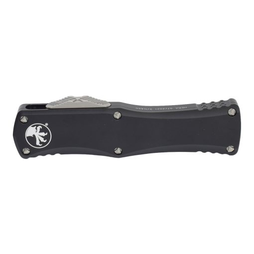 Microtech Hera OTF Automatic Knife D/E Stonewash Blade Black Aluminum Handle Front Side Closed