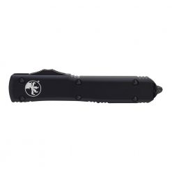 Microtech Ultratech OTF Automatic Knife T/E Black DLC Blade Black Aluminum Handle Front Side Closed