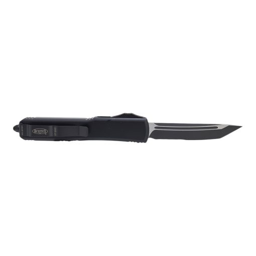 Microtech Ultratech OTF Automatic Knife T/E Black DLC Combo Edge Blade Black Aluminum Handle Back Side Open