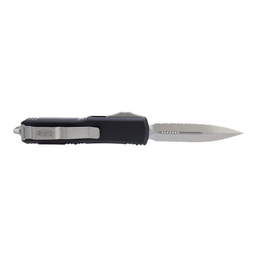 Microtech UTX-85 OTF Automatic Knife D/E Stonewash Fully Serrated Blade Black Aluminum Handle Back Side Open