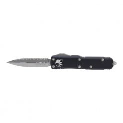 Microtech UTX-85 OTF Automatic Knife D/E Stonewash Fully Serrated Blade Black Aluminum Handle Front Side Open