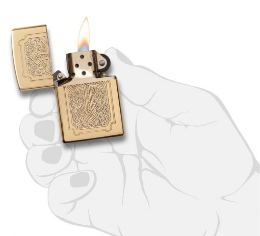 Zippo - Armor Eccentric Cross Design High Polish Brass Lighter Front Side Open With Hand Graphic