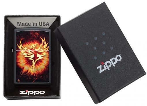 Zippo - Phoenix Design Black Matte Lighter Front Side Closed in Box