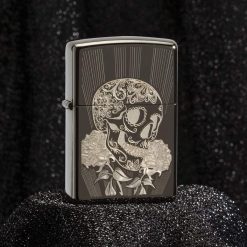 Zippo - Fancy Skull Design Lighter Front Side Closed With Background