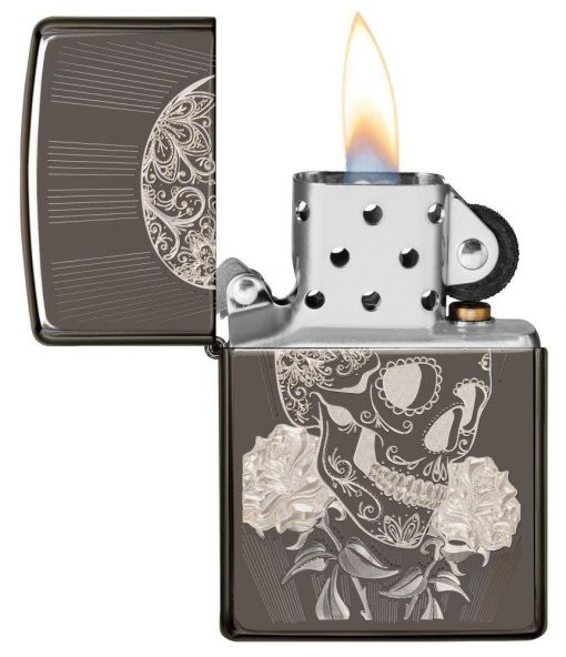 Zippo - Fancy Skull Design Lighter with roses on it.