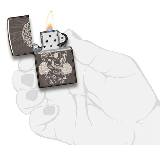 Zippo - Fancy Skull Design Lighter Front Side Open With Hand Graphic