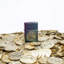 Zippo - Lucky Symbols Design Lighter Front Side Closed With Coin Background