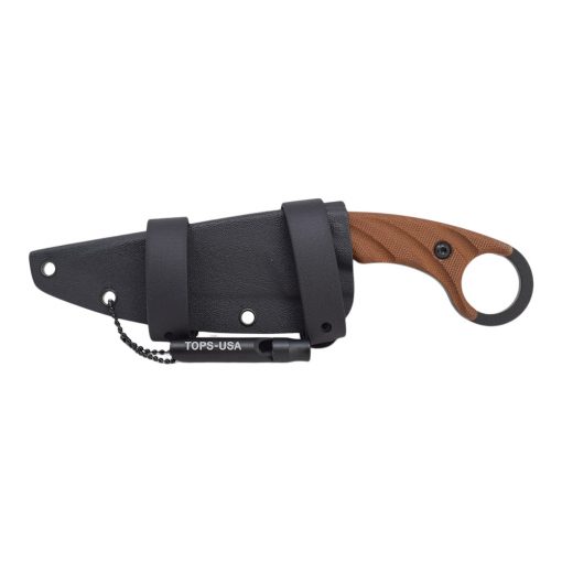 TOPS - C.U.T. 4.0 Black 1095 Fixed Blade Brown Canvas Micarta Handle in Sheath Front Side