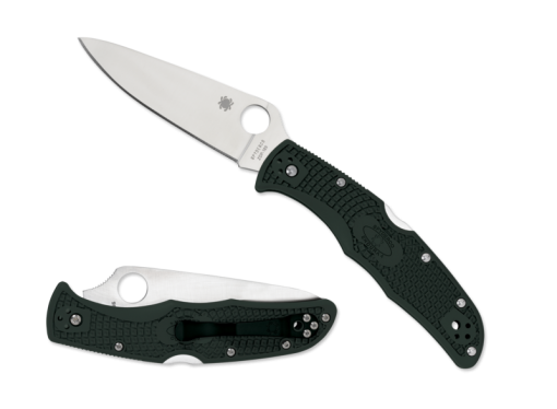 Spyderco Endura 4 Lockback Knife Flat Ground Satin Plain Edge British Racing Green FRN Handle Front Side Open and Front Side Closed