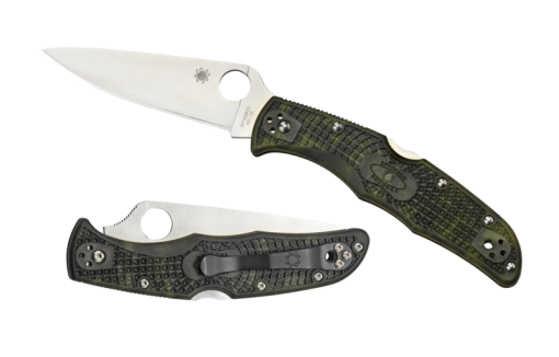 Spyderco Endura 4 Lockback Knife Flat Ground Satin Plain Edge Zome Green FRN Handle Front Side Open and Front Side Closed
