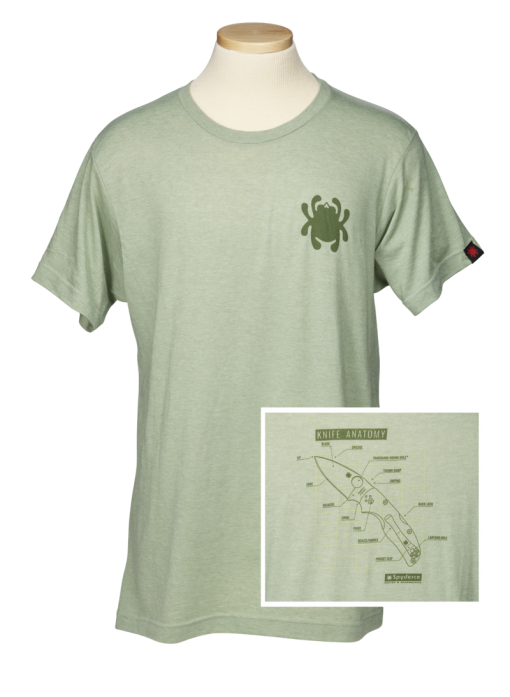 Spyderco Knife Anatomy T-Shirt - Heather Green Front Side With Back Graphic Close Up