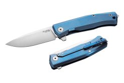 LionSteel Myto Satin M390 Drop Point Blade Blue Titanium Handle Front Side Open and Back Side Closed