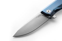 LionSteel Myto Satin M390 Drop Point Blade Blue Titanium Handle Blade Close Up
