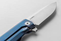 LionSteel Myto Satin M390 Drop Point Blade Blue Titanium Handle Flipper Tab Close Up